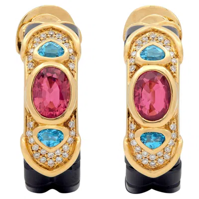 Pre-owned Marina B . 1980's Diamond Multi-gem 18 Karat Yellow Gold Vintage Hoop Earrings