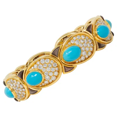Pre-owned Marina B . 1984 French Diamond Turquoise Abalone 18k Gold Vintage Cuff Bracelet In Multi