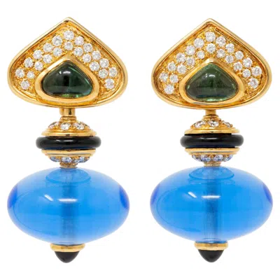 Pre-owned Marina B . Multi-gem 18k Gold Vintage Interchangeable Pneu Drop Ear-clip Earrings