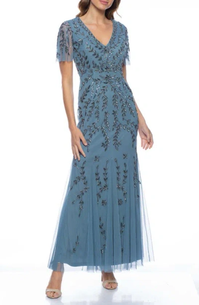 Marina Bead Embellished Flutter Sleeve Gown In Blue