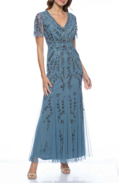 Marina Bead Embellished Flutter Sleeve Gown In Slate