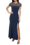 Marina Beaded Bodice Scuba Crepe Gown In Navy