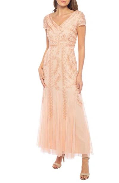 Marina Beaded Cap Sleeve Tulle Gown In Blush