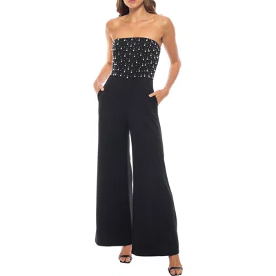 Marina Beaded Faux Pearl Scuba Crepe Jumpsuit In Black