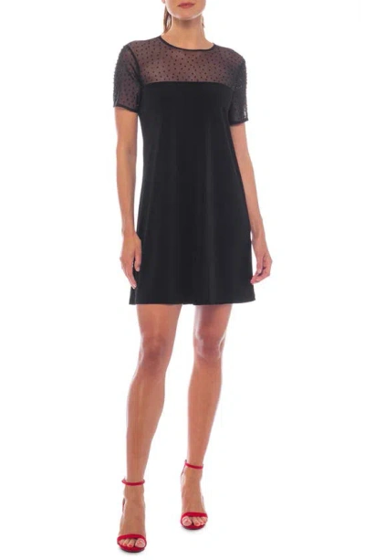 Marina Beaded Illusion Neck Short Sleeve Mini Dress In Black