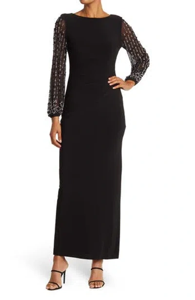 Marina Beaded Long Sleeve Maxi Gown In Black
