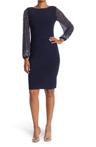 Marina Beaded Long Sleeve Sheath Dress In Blue