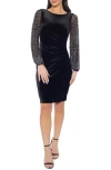 Marina Beaded Long Sleeve Velvet Sheath Dress In Black