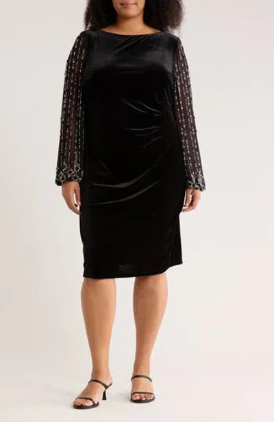 Marina Beaded Long Sleeve Velvet Sheath Dress In Black