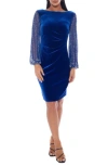 Marina Beaded Long Sleeve Velvet Sheath Dress In Blue