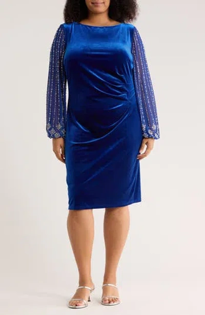 Marina Beaded Long Sleeve Velvet Sheath Dress In Blue