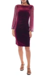 Marina Beaded Long Sleeve Velvet Sheath Dress In Burgundy