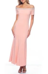 Marina Beaded Off-the-shoulder Short Sleeve Trumpet Gown In Coral