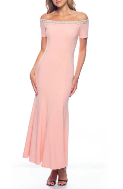 Marina Beaded Off-the-shoulder Short Sleeve Trumpet Gown In Pink