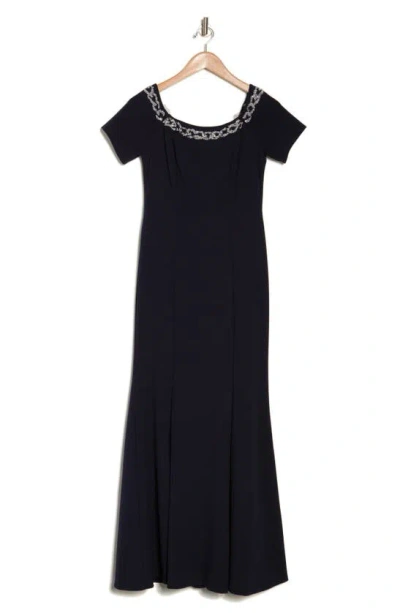 Marina Beaded Off-the-shoulder Short Sleeve Trumpet Gown In Navy