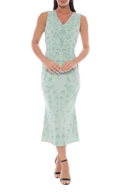 Marina Beaded Sleeveless Midi Cocktail Dress In Green