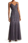 Marina Beaded V-neck Gown In Gunmetal