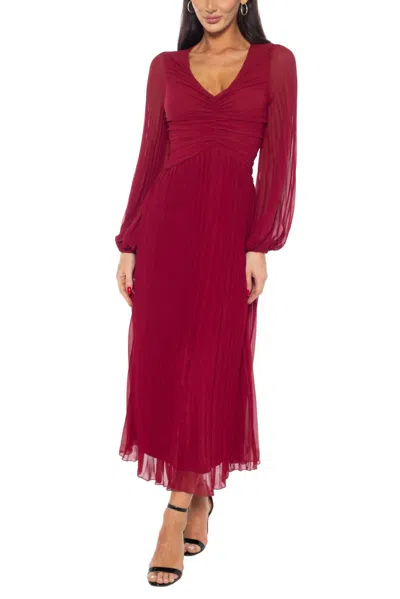 Marina Bodice Ruched Details Pleated A-line Midi Dress In Wine In Pink