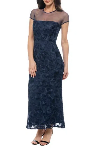 Marina Cap Sleeve Floral Gown In Navy