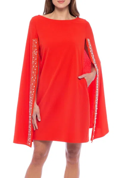 Marina Cape Back Round Neckline Crepe Stone Detail Dress In Red