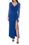 Marina Crystal Embellished Long Sleeve Faux Wrap Gown In Blue