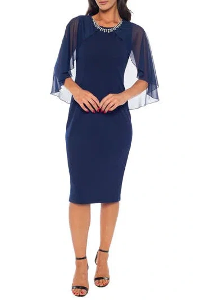 Marina Crystal Embellished Neck Cape Sleeve Sheath Cocktail Dress In Blue