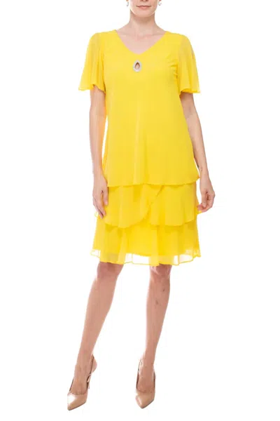 Marina Embellished Keyhole Front Tiered Solid Chiffon Dress In Yellow