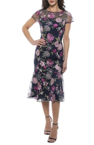 Marina Embroidered Flutter Sleeve Midi Dress In Navy/mulberry