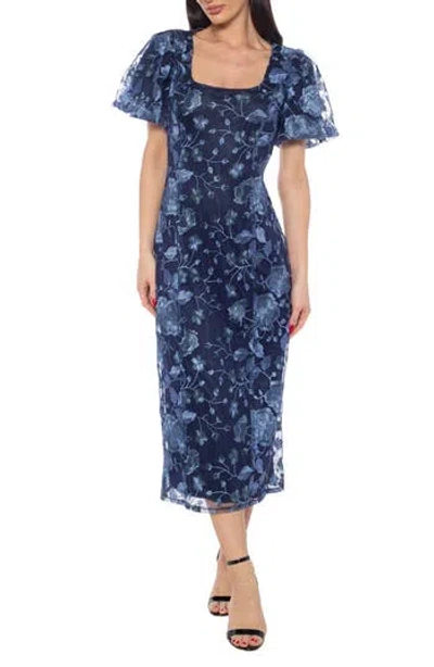 Marina Embroidered Midi Cocktail Dress In Blue