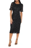 Marina Floral Emboidered Sheath Dress In Black