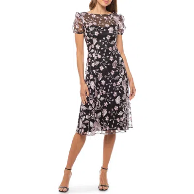 Marina Floral Embroidered Dress In Black/pink