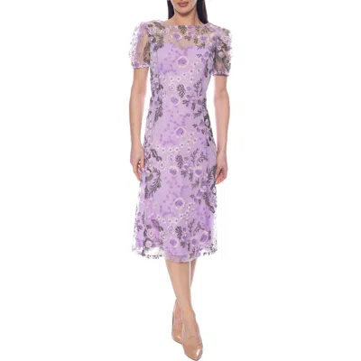 Marina Floral Embroidered Short Sleeve Midi Dress In Purple