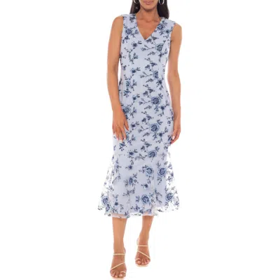 Marina Floral Embroidered Sleeveless Mesh Midi Dress In Blue