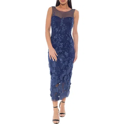 Marina Floral Embroidered Sleeveless Midi Dress In Blue