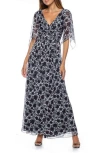Marina Floral Flutter Sleeve Twist Front Maxi Dress In Black/white