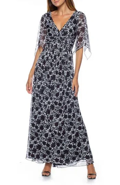 Marina Floral Flutter Sleeve Twist Front Maxi Dress In Black/white
