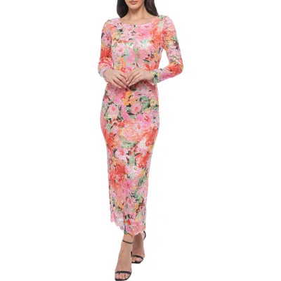 Marina Floral Long Sleeve Lace Body-con Dress In Pink/multi