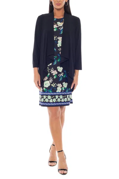 Marina Floral Print Sleeveless Dress Three-quarter Sleeve Jacket With Necklace In Black Multi In Blue