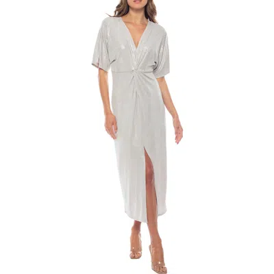 Marina Foil Rib Knot Cocktail Dress In Silver