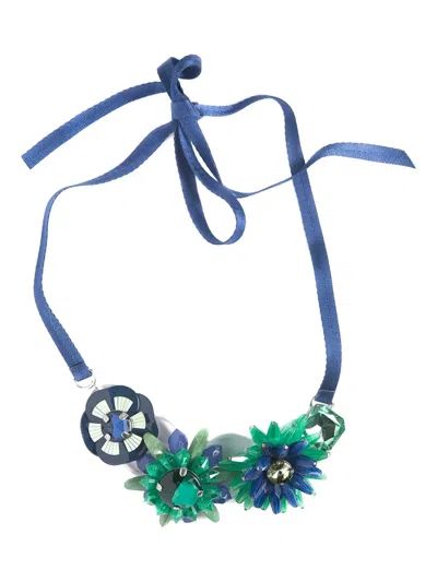 Marina Fossati Margaret Floral-embellished Ribbon Necklace In Blue