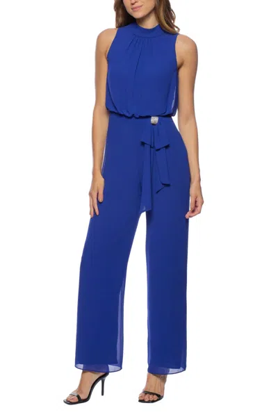 Marina Halter Mock Neck Rhinestone Jumpsuit In Royal In Blue