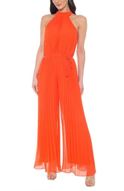 Marina Halter Neck Pleated Chiffon Jumpsuit In Orange