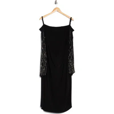 Marina Ity Ruched Long Sleeve Midi Cocktail Dress In Black