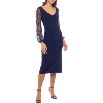 Marina Ity Ruched Long Sleeve Midi Cocktail Dress In Navy