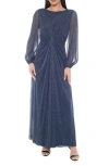 Marina Knot Front Shimmer Long Sleeve Gown In Blue