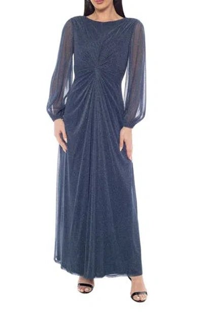 Marina Knot Front Shimmer Long Sleeve Gown In Blue