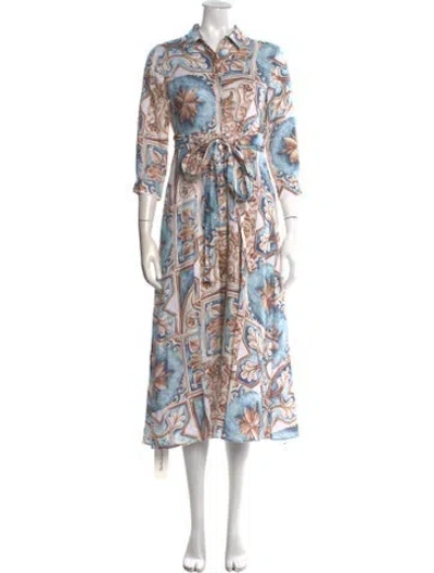 Pre-owned Marina Linen Midi Length Dress In Blue