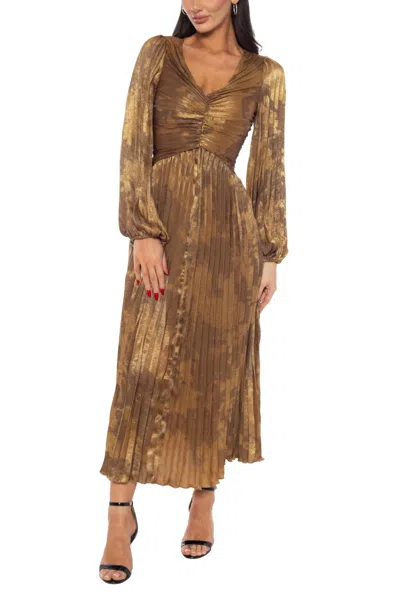 Marina Long Puff Sleeves Pleated Blouson Midi Dress In Bronze In Brown
