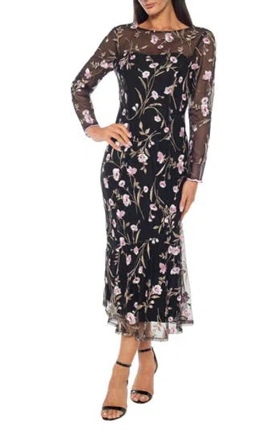Marina Long Sleeve Floral Embroidered Midi Cocktail Dress In Multi