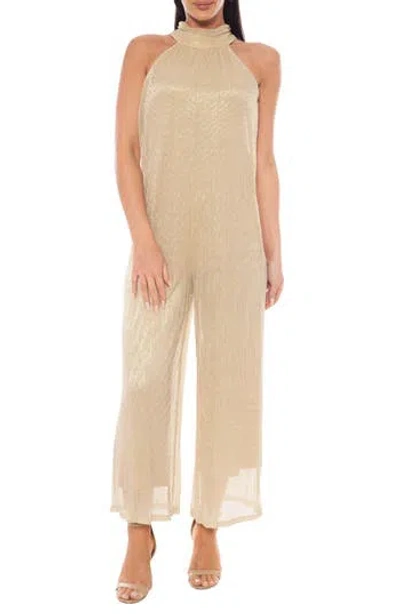 Marina Metallic Pleated Sleeveless Jumpsuit In Brown